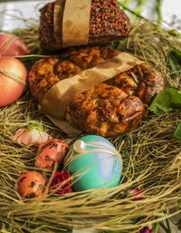 Close-up of food and easter eggs in basket