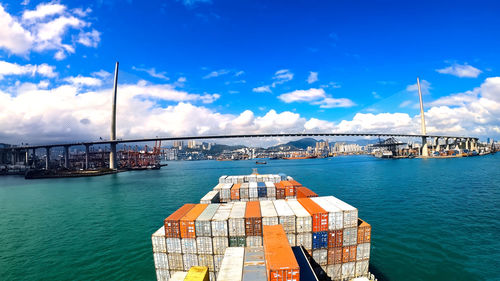 Container ship loading and unloading in sea port,hong kong