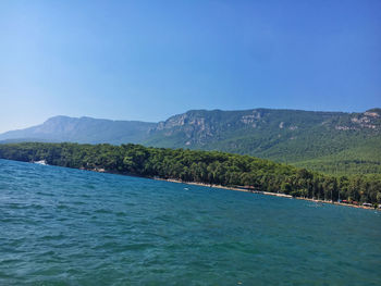 Scenic view of sea and mountains against clear blue sky
