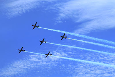 Low angle view of airplane flying against sky