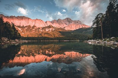 Scenic view of lake and mountains against sky