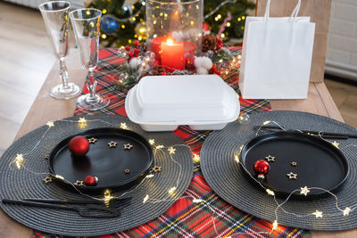 High angle view of food in plate on table