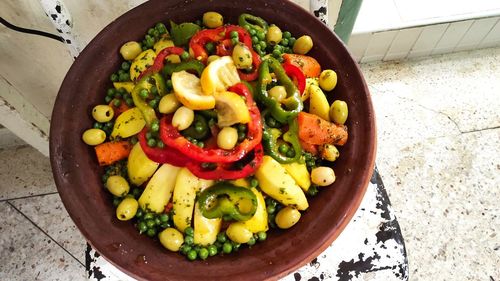 High angle view of salad in bowl on table