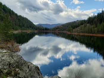 Scenic view of lake by trees against sky