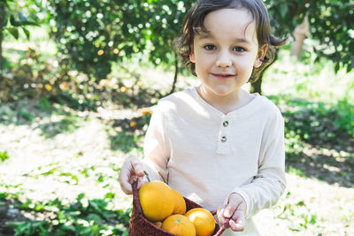 A little boy is holding a basket of bright oranges in his hands.