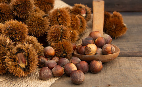 Close up bunch of chestnuts on rustic background