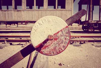 Close-up of old rusty railroad track