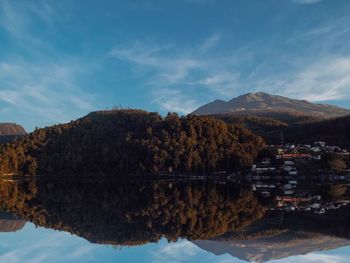 Reflection of trees in lake against sky