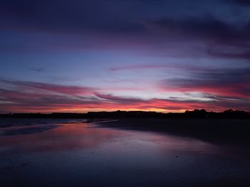 Scenic view of silhouette beach against sky during sunset