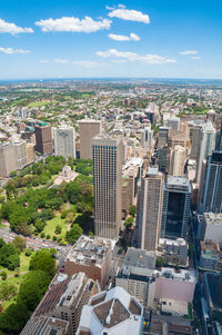 High angle view of buildings in city against sky