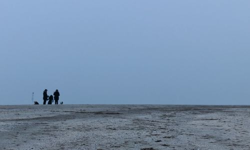 People walking on land against clear sky