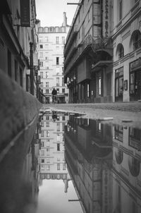 Reflection of buildings in puddle