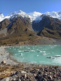 Looking over  blue lake at tasman glacier mt cook