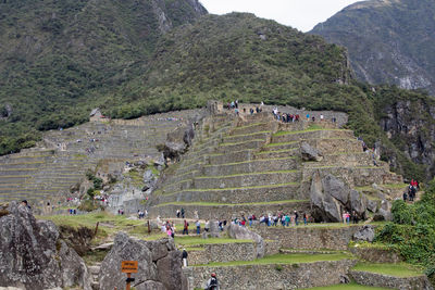 High angle view of people at temple