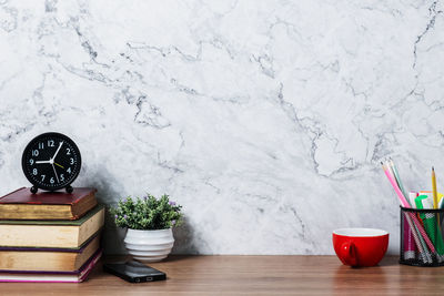 Potted plant on snow covered table