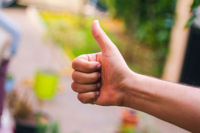 Cropped hand gesturing thumbs up sign