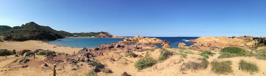 Panoramic shot of sea against clear blue sky