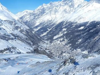 Scenic view of snow covered mountains against sky