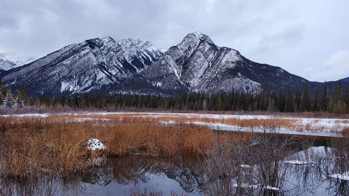 Scenic view of lake by snowcapped mountains against sky