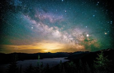 Scenic view of mountain against sky at night