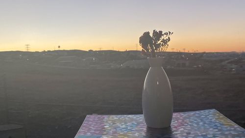 Close-up of white flower vase on table at sunset