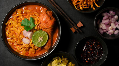 High angle view of food in bowls on table