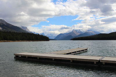 Scenic view of lake and mountains against cloudy sky