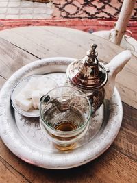 High angle view of mint tea cup on table