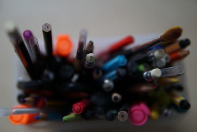 Close-up of colored pencils on table