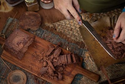 High angle view of person preparing food