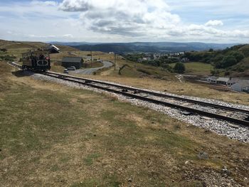 Train on railroad track against sky