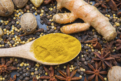 High angle view of spices in container