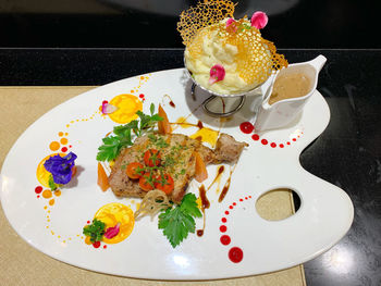 High angle view of dessert in plate on table