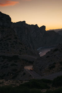 Scenic view of mountains against sky during sunset at formentor lighthouse, mallorca, spain.