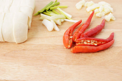 High angle view of chopped vegetables on cutting board