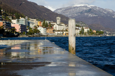 Alpine lake and buildings against mountains