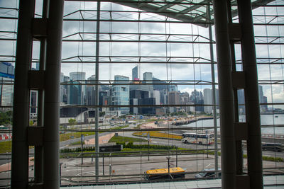 Buildings seen through glass window