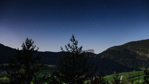 Silhouette trees on landscape against clear sky at night