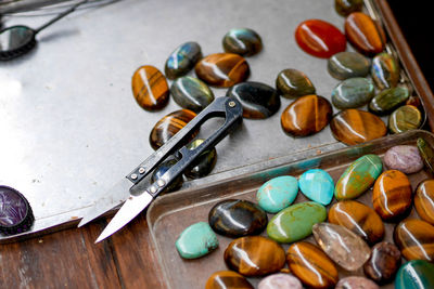 High angle view of objects on table