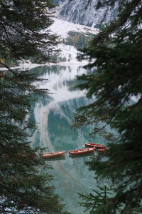 High angle view of boats in lake seen through trees