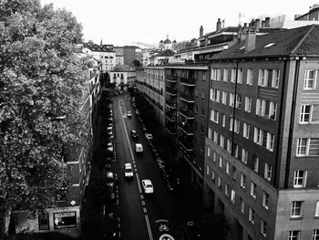 High angle view of street amidst buildings in city