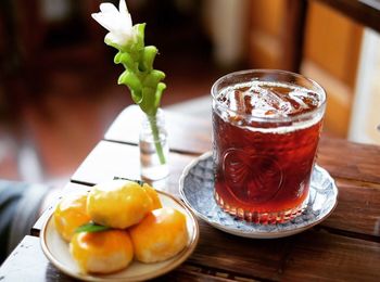 Close-up of food and drink on table