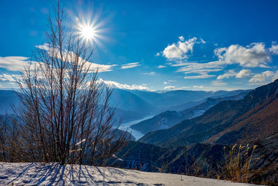 Scenic view of snowcapped mountains against sky