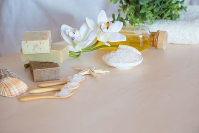 High angle view of beauty products on table