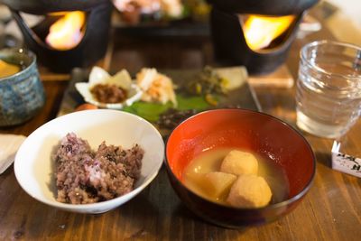 Close-up of food served on table