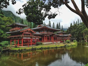 Temple by lake and building against sky