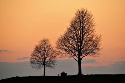 Silhouette bare tree on field against sky during sunset