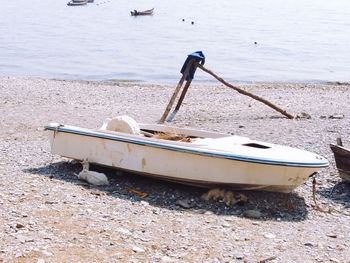 Boat moored on beach