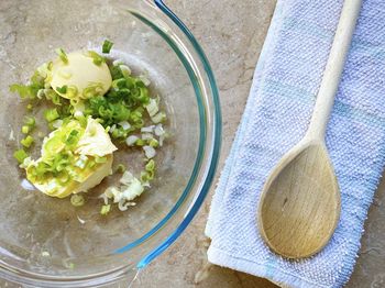 High angle view of vegetables in bowl on table