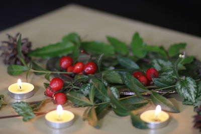 Close-up of cherries on table
